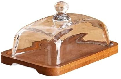 GEK208130 Mantequera Plato Rectangular de Madera for Mantequilla con Tapa de Vidrio, Plato Amarillo for Aceite, Aperitivos, Dim Sum, Pasteles, postres Encimera(Light Brown)