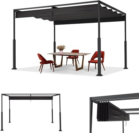 ACXIN Pergola med skjuttak, terrasstak av stålram, vattenavvisande 160 g PA-belagd polyester, fristående trädgårdspaviljong med justerbart solskydd (svart, 3 x 4 m)