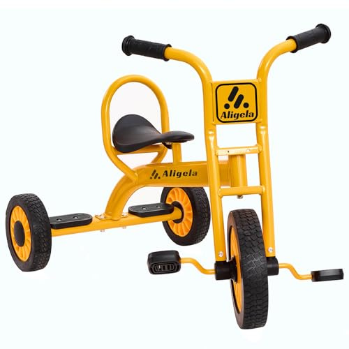 Aligela förskola trehjuling för barn ålder 3–5 år, barnvård Pdeal Tandem Trike 5 till 7 år, robust kolstålram, halkfria gummihjul, gul