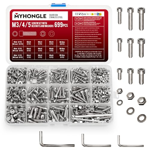 699 Pcs M3 M4 M5 Nuts and Bolts Set, Hex Socket Head Cap Screws Bolts and Nuts Set, Assorted Bolt and Nut Set with Washers, Stainless Steel Machine Screws Assortment for Repair Fastener(M3 M4 M5)