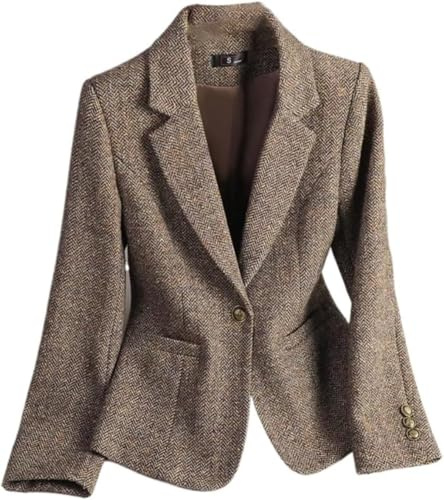 Générique Blazer en Tweed Classique À Revers Élégant pour Femmes Blazer À Manches Longues Banquet De Travail Décontracté Printemps Et Automne (Café,M)