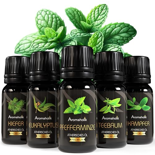 Aromaholik Gesundheits-Set 5er Ätherische Öle BIO 100% natürlich – Entspannung & Vitalität – Set 5 × 10ml, zertifiziertes Öl aus Indien