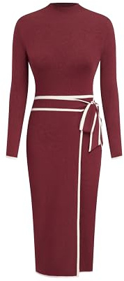 CIDER Sweater Dress for Women Long Sleeve Dress Mock Turtleneck Bow Tie Midi Work Dresses Old Money Business Casual: Burgundy, XL
