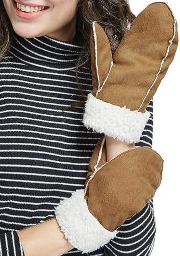 Manoplas de invierno, guantes de piel de oveja para mujer, guantes de piel de oveja para mujer, resistentes al viento, unisex, con forro cálido y suave y esponjoso, térmico de felpa para deportes al