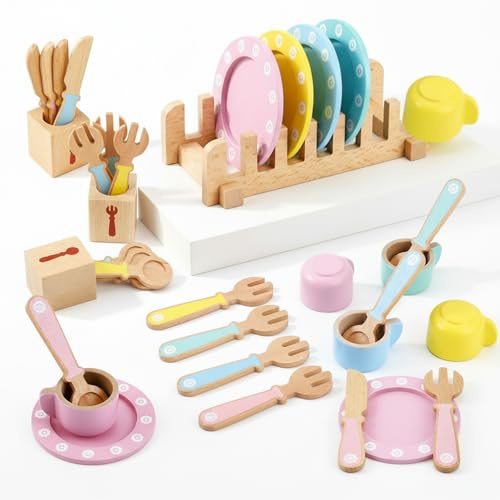 26PCS Geschirrset aus Holz Set, Kinderküche Zubehör Puppengeschirr mit Teller und Besteck Holzständer, Küchen Spielzeug für Rollenspiele Geschenk für Kinder Ab 3 Jahren