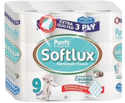 Softlux Purrfs 3-Ply | Coconut Scented Quilted & Embossed Toilet Paper | Ultra Soft, Strong & Skin Kind | Premium Bathroom Tissue | 100% Virgin Pulp | Bulk Pack 45 Loo Rolls
