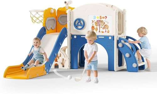 10 in 1 Kids Slide,Toddler Slide Freestanding with Basketball Hoop,Toddler Climber, with Corridor, Telescope,Baby Slide Playground Equipment,Kids Slides Outdoor((Huggy Bear Slide - Six-in-One)
