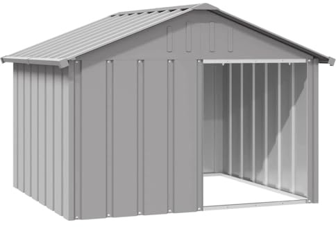 Hundehütte mit Wetterfestes Schrägdach, Hundehöhle mit Offener Eingang & Stahlrahmen für Garten Hinterhof, Grau 116,5x103x81,5 cm Verzinkter Stahl