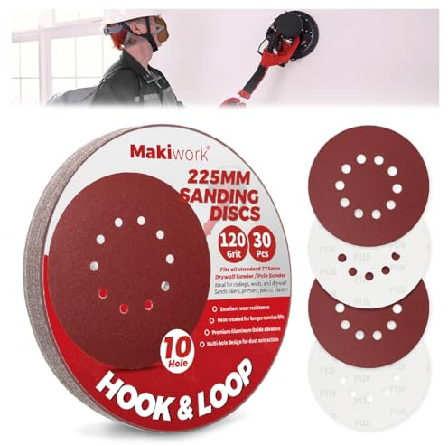 Makiwork Lot de 30 Disques Abrasifs 225 mm Grain 120 – 10 Trous – Auto-Agrippants – pour Ponceuse Girafe – Idéal Ponçage Mur, Placo et Cloisons Sèches