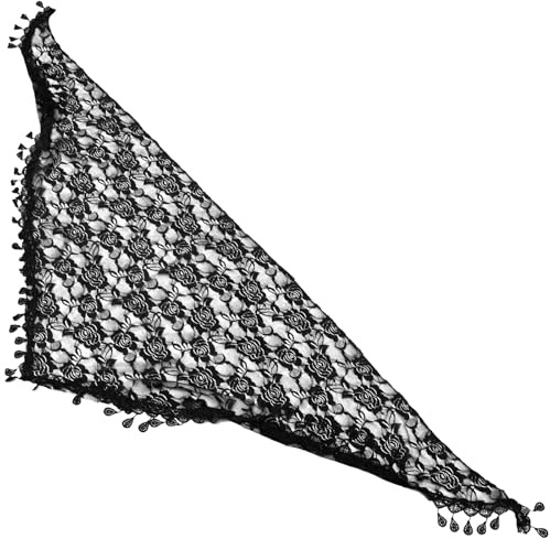 KESYOO Dreieckiger Mantilla Spitzenschleier aus Spitze mit Fransen Schwarzer Spitzenstola für Damen und Mädchen Kirchen Schal und Fest Schleiertuch