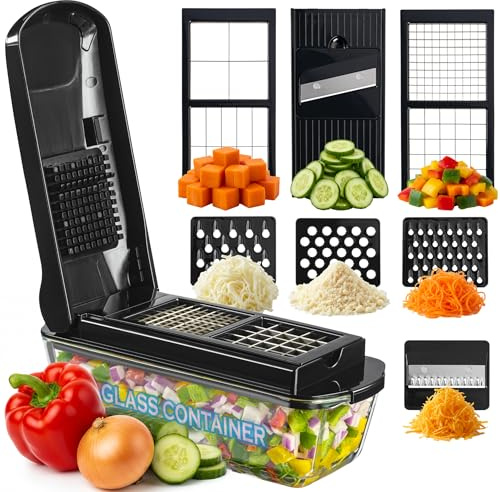 Le'raze 13-in-1 Vegetable Chopper Pro with Glass Container, Stainless Steel Blades, BPA-Free, Mandoline Slicer, Manual