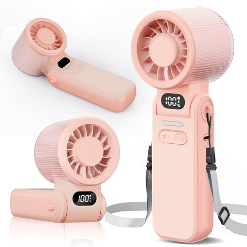 Handheld Fan, Portable Mini Fan with 15H Battery Life, 5 Speeds Led Display Quiet Personal Fans, Rechargeable Small Desk Fan with USB-C, Folding Pocket Fans for Travel/Commuting/Office/Home (Pink)