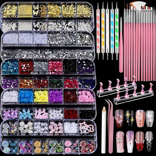 Muorruo juego de herramientas y adornos para uñas, set de arte de uñas con 5 cajas de adornos 3D y piedras de cristal, 15 pinceles para arte de uñas, 5 herramientas punteadoras, 2 soportes para uñas
