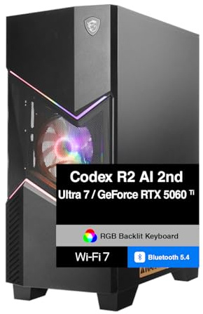 msi Codex R2 AI 2nd AI Gaming Desktop PC (Intel Ultra 7-265, GeForce RTX 5060 Ti 16GB GDDR7, 32GB DDR5, 2TB PCIe SSD, RGB Fans, 650W PSU, WiFi 7, Bluetooth 5.4, RJ-45, Win 11 Pro) (Renewed)