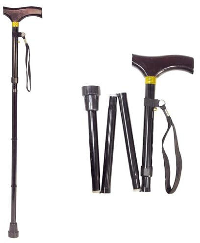 Aidapt Fold Down Adjustable Height Lightweight Walking Stick with Anti Slip Ferrule Foot to Aid Stability and Confidence when Walking Supplied with a Hanging Carry Strap and Wood Handle