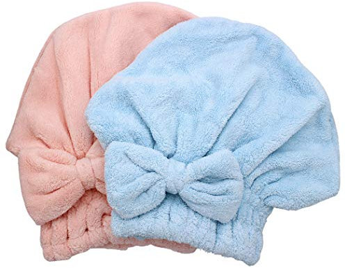 Dianoo 2 x Haartrocknungskappe, Mikrofaser, ultra-saugfähig, Badehut, schnell trocknend, Haarturban, Wickelhandtücher, weiche Duschhaube für langes dickes Haar, Frauen und Mädchen (Rosa und Blau)