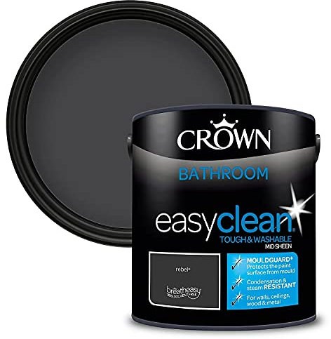 2.5L CROWN Easyclean Bathroom MID-SHEEN Emulsion Multi Surface Paint With MOULDGUARD+ That can be Used on Walls, Ceilings, Wood and Metal. Stain & Scrub Resistant Formula – Rebel