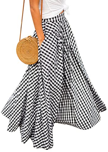 ORANDESIGNE Falda Maxi Vintage Cintura Alta A Cuadros para Mujer A-Line Falda Acampanada Mujer Falda Larga con Bolsillos A Negro L