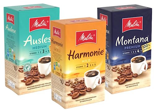 Melitta Probierpaket Filter-Kaffee 3 x 500g, gemahlen, Pulver für Filterkaffeemaschinen, sanfte und starke Röstung, geröstet in Deutschland