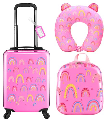 Sanwuta 4 Pcs Kids Luggage Set Carry On Rolling Suitcase Backpack Neck Pillow Travel Set Gift for Girls Boys Summer Camp(17 Inch,Rainbow Style,Pink)