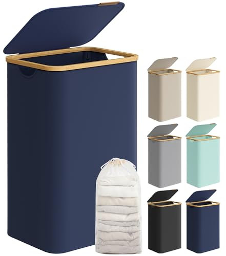 SONGMICS Laundry Basket with Lid, Large Laundry Hamper, 90L, Removable Mesh Liner, Oxford Fabric, Bamboo Handles, Collapsible, 42 x 32 x 70.5 cm, Charcoal Blue LCB509Q01
