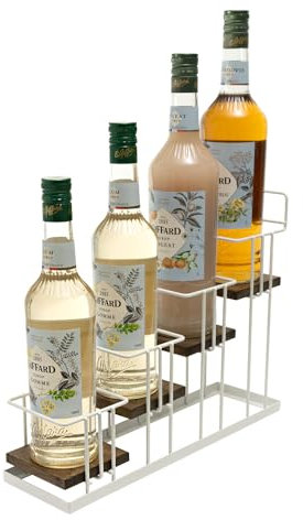 J JACKCUBE DESIGN Porte-bouteilles de sirop, bois rustique et fil métallique blanc à 4 niveaux pour sirop, vin, vinaigrette, comptoir de cuisine, café, bar - MK816B