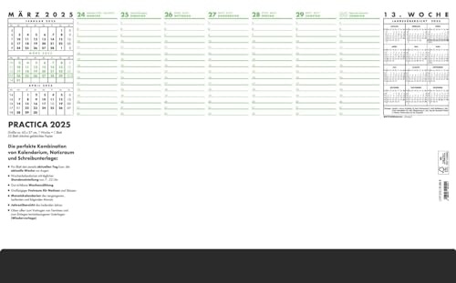 Zettler - Schreibunterlage Practica 2025, 59,5x37cm, Unterlage mit 52 Blatt, Blätter oben offen,Tages- und Wochenzählung, Schutzleiste, Kartonunterlage unten geleimt und deutsches Kalendarium