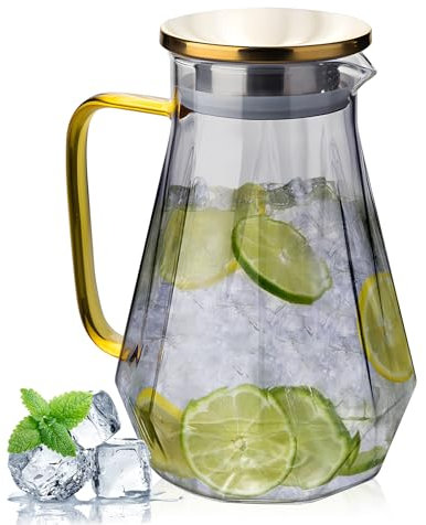 2L Borosilicate Glass Water Jug – Diamond-Pattern Pitcher with Gold Stainless Steel Lid & Handle | Hot & Cold Drinks, Fridge & Dishwasher Safe | Ideal for Iced Tea, Hot/Cold Coffee & Juice – AstraLoom