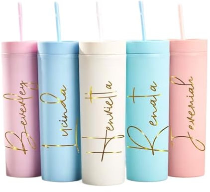 Bykiyevm Vaso delgado personalizado con tapa y pajita, vasos de plástico para boda, regalo de dama de honor, despedida de soltera, despedida de soltera, regalo con nombre personalizado (4 unidades)