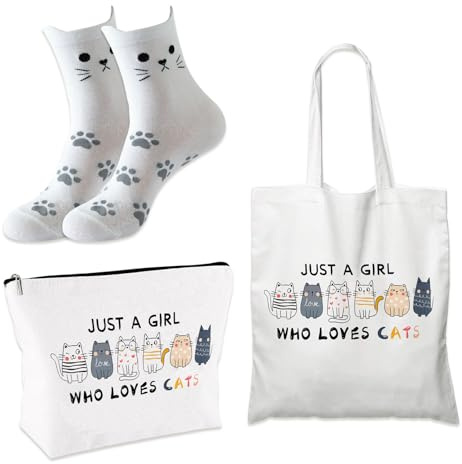 Onperpoe Lot de 3 sacs fourre-tout en toile réutilisables et pliables sur le thème du chat pour femme et fille, blanc, 40*35cm