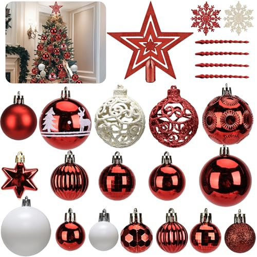 101Pcs Red Christmas Baubles Ornaments Set, 3/4/6 CM Red Baubles, Christma Tree Decoration, Shatterproof Plastic Christmas Balls, Pre-tied Hanging Decorations for Xmas, Gift, Wedding, Party