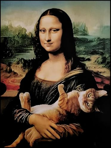 KUSTOM ART Quadro da Parete o da Tavolo Serie Dipinti Celebri Monna Lisa Gioconda con Gatto Stampa Artistica su Legno 30x21