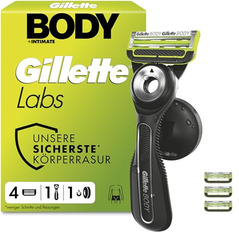 Gillette Labs Body + Intimate Rasoir Intime Homme, 4 Cartouches, Noir – Conçu pour le Rasage du Corps et du Pubis, Lames avec une Barre Anti-Poils Incarnés et Irritation, Manche Facile à Gripper