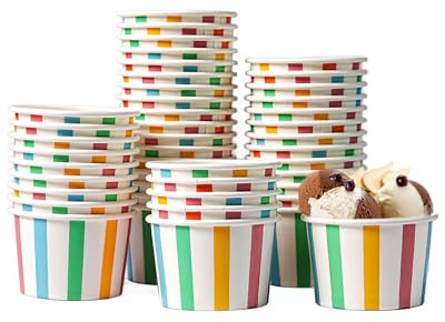 PakTalk 50 Stück Eisbecher aus Pappe 135ml - Kompostierbare Pappbecher mit bunten Streifen, Auslaufsichere Eisschalen für Eis, Dessert, Joghurt, Party