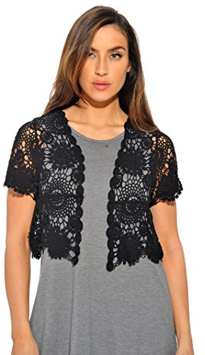 401147-Blk-M Just Love Bolero Shrug / Women Cardigan,Black Floral Crochet,Medium