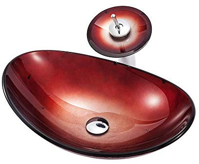 HomeLava Modern Glas Waschbecken Set Bad Aufsatzwaschbecken Waschtisch Glaswaschbecken mit Wasserfall Wasserhahn Oval