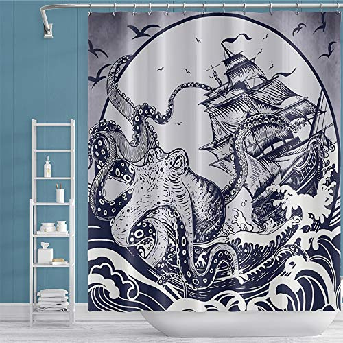 OERJU 72x96inch Nautical Shower Curtain Sunset Flying Birds Kraken Octopus Tentacles with Ship Sail Boat in Ocean Waves Ink Painting Art Bathroom Decor Fabric Bathtub Shower Curtain Liner with Hooks