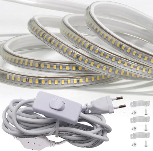 FOLGEMIR 4m Warmweiß LED Band mit Schalter, 2835 SMD 144 Leds/m Lichtleiste, 220V 230V Strip, sehr helle Beleuchtung, IP65 wasserdicht