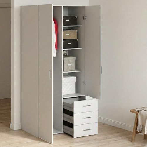 Dmora Armario con Dos Puertas batientes y Tres cajones, Color Blanco, Medidas 77 x 175 x 49 cm