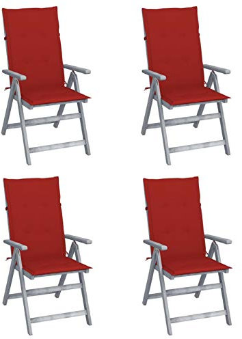 Tidyard 4 STK. Verstellbare Gartenstühle mit Rot Auflagen(in 5 Positionen) Rückenlehnenstuhl Klappstuhl Balkonstühle Terrassenstühle Gartensessel Klappsessel Gartenmöbel Sitzmöbel Massivholz Akazie