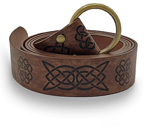 cinturón Medieval de Halloween con Anillo en O, Cinturón de Caballero de Cuero PU en Relieve, Batalla Vikingo, para Hombre (Marrón Oscuro)