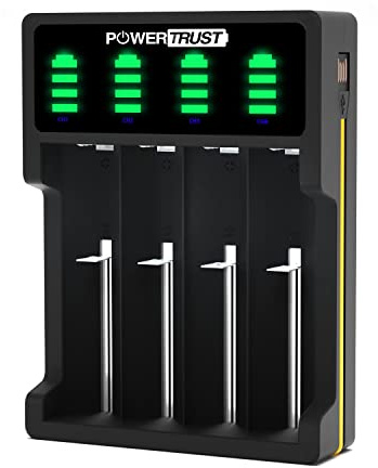 PowerTrust LED 4-Slots Universal Battery Charger for 18650 26650 22650 21700 20700 18500 18350 17670 17500 14500 14430 10440 AA AAA AAAA Rechargeable Batteries