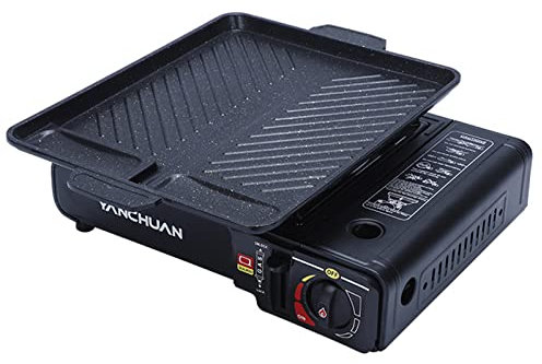 Réchaud à Gaz Portable 2900W Allumage Piezo Stabiliser Insert Gaz Butane Poêle avec Plaque Barbecue pour Camping Bivouac Extérieur Randonnée,Black,Onesize
