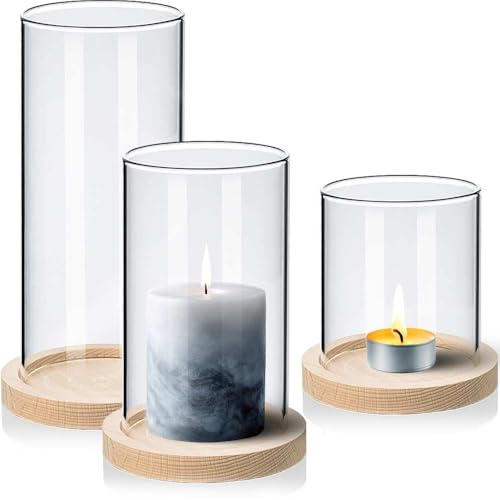 Tuuters 3er Windlicht Glas Set mit Ø90mm Kerzenglas mit Kerzenhalter Holz | 3 Stück Windlichtgläser 9 cm Durchmesser für Kerzen, Höhen 100/150/200 mm, Glaszylinder für Kerzen, Windlichter, Outdoor