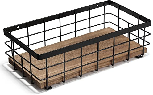 TJ.MOREE Small Metal Wire Basket, Decorative Wood Base Organizer for Bathroom, Kitchen, Basket for Toilet Paper Storage, Sugar Packet, Coffee Syrup, Guest Towel, Napkin