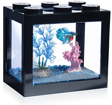 Tsxurepaw Small Betta Fish Tank, Stackable Mini Fish Tank Aquarium Tank Kit, 3/5 Gallon Rectangular Fish Bowl with Aquarium Gravel Decoration, Tiny Cube Tank for Seaweed Balls Sea Monkeys
