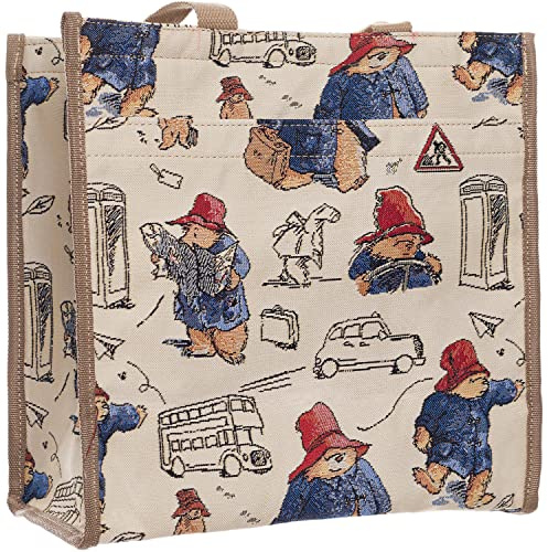 Signare Paddington Bear Blue Beige Woven Tapestry Shoulder Bag Handbag Reusable Shopper - One Size 30cm (H) x 30cm (W) x 14cm (D) | Mesh Side Pocket, Outer Zip Compartment & Long Handles - Official