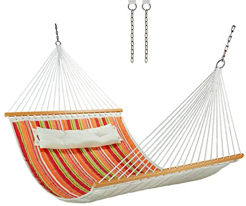CHULIM 12 FT Quilted Fabric Double Hammock with Spreader Bars and Pillow, 2 Person Hammock for Outdoor Patio Backyard Poolside, 450 LBS Weight Capacity.