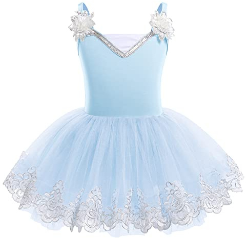 IBTOM CASTLE Vestido de Ballet para Niñas Pequeña Correa de Cisne Tutu Faldas Disfraz Bailarina Maillot de Danza con Pedrería Maillot Gimnasia Ritmica Niña Azul 01 5-6 Años