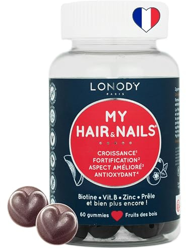 Lonody - Complement Alimentaire Cheveux, Gummies Pousse Cheveux Très Rapide, Croissance Fortifiant Ongles - Biotine Gummies Sans Sucre France My Hair & Nails - Vitamines B8 B6 Zinc Selenium - 1 mois